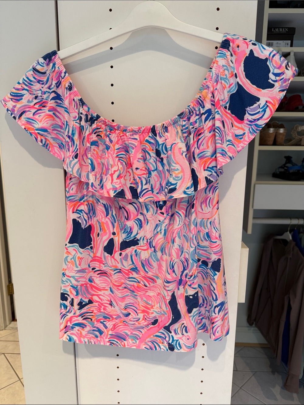 Lilly Pulitzer Pink & Navy Off or on the shoulder Ruffle top